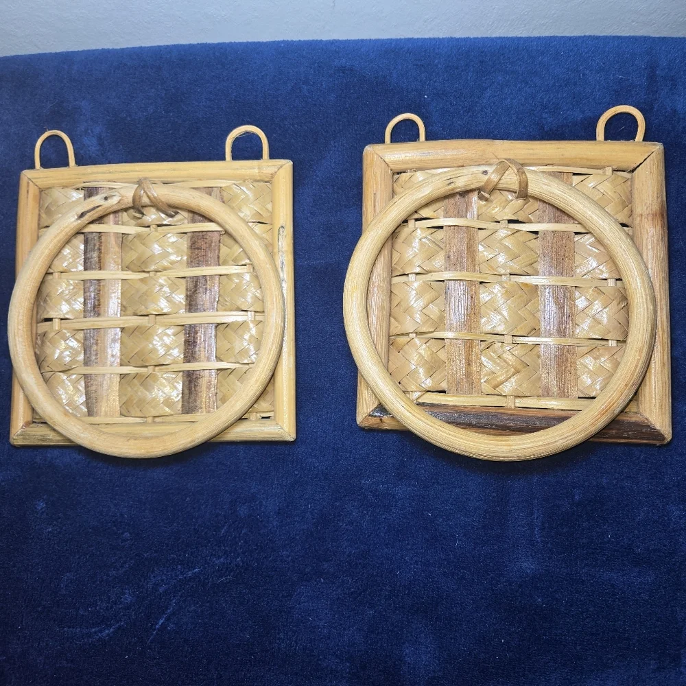 Set Of 2 Bamboo Woven Wall Mount Towel Ring Holder Boho Beach Decor 1970's